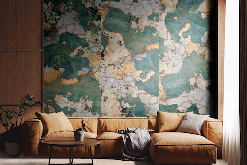 La Marmoteca Patagonia Emerald – płytka gresowa imitująca marmur w odcieniach zieleni i złota